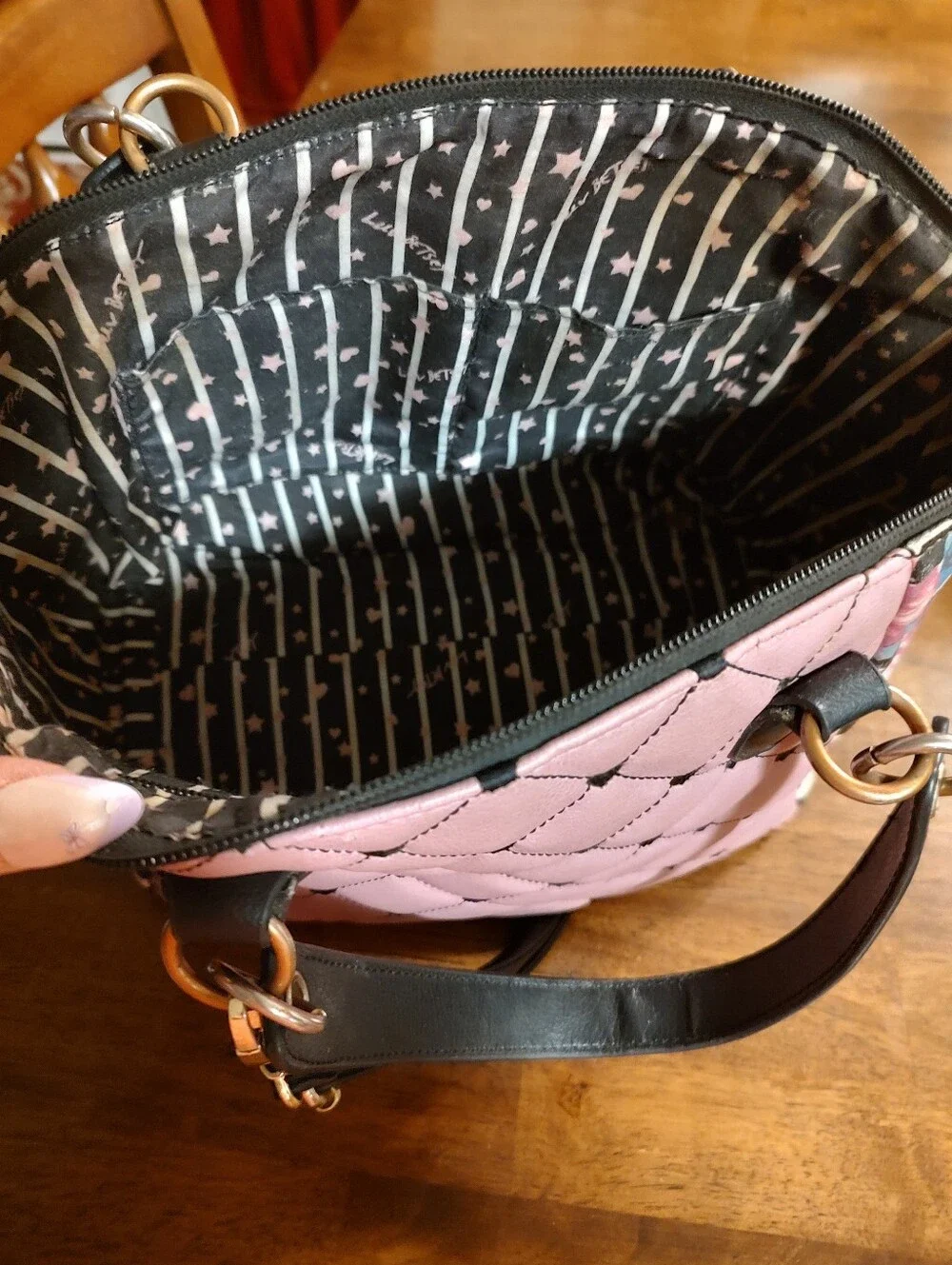 Betsey Johnson Pink Quilted Satchel with Floral & Stripes